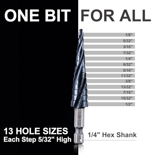 GRENPRO M35 Cobalt Step Drill Bit, 1/8"-1/2", TiAlN, 1/4" Hex Shank - size: 1/8"-1/2"