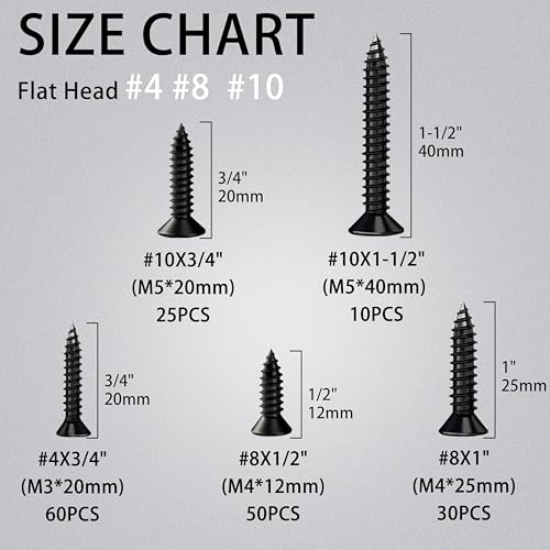 #4#8#10 Wood Screws Assortment Kit 175pcs, Phillips Flat Head Self Tapping Screws, Black Zinc Plated, Carbon Steel, Assorted Screws for Metal & Wood, Black Wood Screws - 1/2",3/4",1",1-1/2" - color: Black Zinc Plated Screws, size: #4 #8 #10 x 1/2"-1-1/2"