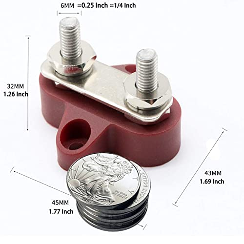 Heart Horse Bus Bar Terminal Block, Battery Power Stud Junction Post, M6 Dual Power Distribution Block for Truck RV Boat, Heavy Duty Stainless Steel 48V 250A (2 pcs Red + 2pcs Black, 1/4") - size: 1/4’’