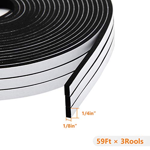 High Resilience Foam Weather Strip, 1/4" x 1/8", Door & Window Seal Tape, 59 Feet (3 Rolls x 19.7ft) - size: 1/4in * 1/8in * 59FT