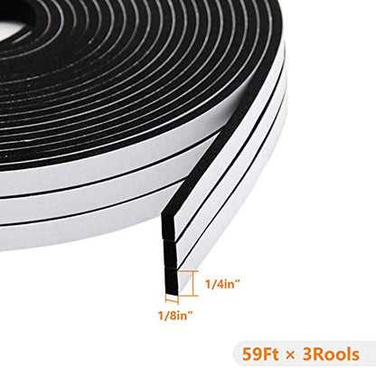 High Resilience Foam Weather Strip, 1/4" x 1/8", Door & Window Seal Tape, 59 Feet (3 Rolls x 19.7ft) - size: 1/4in * 1/8in * 59FT