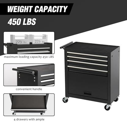 4-Drawer Lockable Rolling Tool Chest, Black - color: Black, style: 4 drawer