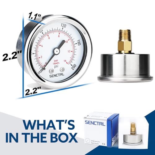 SENCTRL 0-200 Psi Pressure Gauge, 1/4" NPT Back Mount - size: 0-200Psi, style: Back Mount