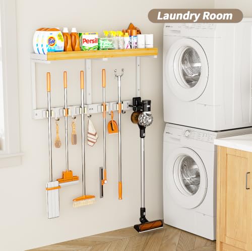 Broom and Mop Organizer Wall Hanging, Broom Hanger Holder Wall Mount - color: White