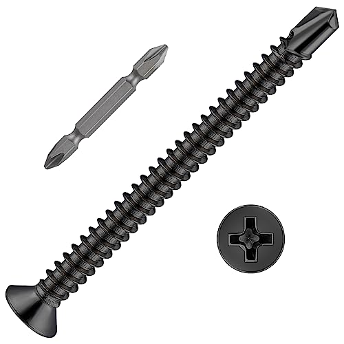 Wensilon（150pcs）#8×2”for Sheet Metal Self-Tapping Screws 410 Black Stainless Steel Flat Head High-Strength Quick self-Drilling Screws - color: Black, size: #8X2"