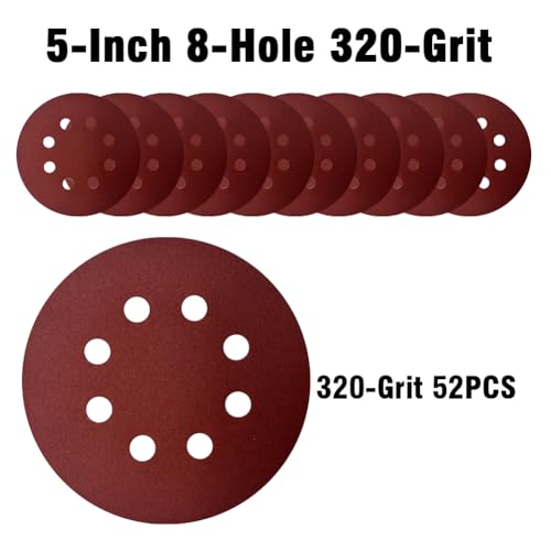 52 Pack 5 Inch 8-Hole Hook and Loop Sanding Discs Sandpaper Red Round 320 Grits Sandpaper for Random Orbital Sander - style: 320 Grit 52 Pack
