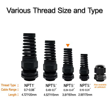 LeMotech 50Pcs NPT 1/2" IP68 Waterproof Cable Gland Flex Spiral Strain Relief Black Nylon Joint with Gaskets for 6-12mm Wire Thread - color: Black, size: NPT 1/2" (50-Pack)