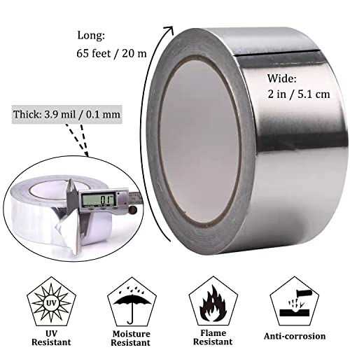 2PCS Premium Aluminum Foil Duct Tape, Silver Metal HVAC Tapes (2" x65Feet,3.9mil) with Adhesive Backing, High Temperature Heavy Duty Insulation Tape for Air Ductwork, Dryer Vents, Sealing & Patching - size: 2 inch x 130 FT