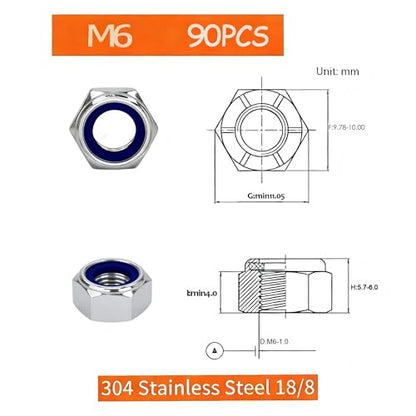 M6-1.0mm Locknuts, 90PCS 304 (A2-70) Stainless Steel Nylon Insert Lock Nuts,Standard Metric Thread Nylock Nuts - size: M6-1.0mm 90PCS