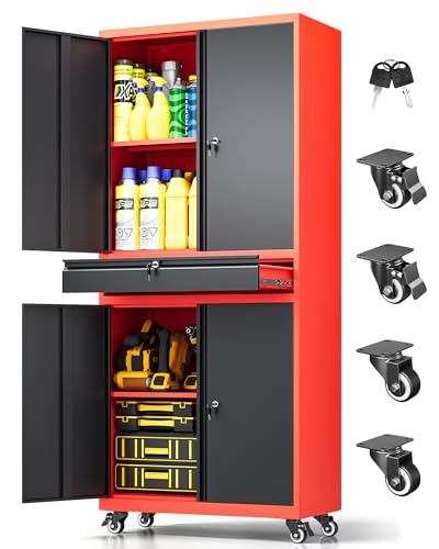 Metal Garage Storage Cabinet with Wheels, Rolling Garage Cabinet with Locking Doors and Adjustable Shelves, 73" Heavy Duty Steel Tool Cabinet with Drawer for Garage, Warehouse(Red Black) - color: Black Red, size: 72.8"H x 31.5"W x 15.7"D