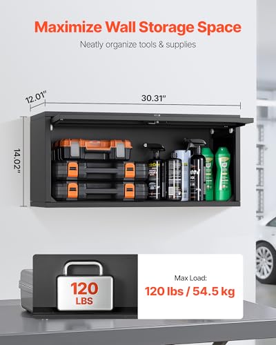 VEVOR Metal Wall Cabinet, 30.31W x 12.01D x 14.02H Inch, Floating Garage Tool Cabinet with Up-Flip Door, 120 lbs Load per Shelf, Fit for Garage, Basement, Kitchen, Warehouse, Assembly Required - size: Upgrade Flip up 14"