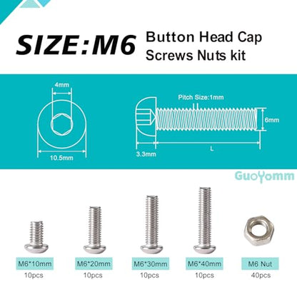 M6 x 10mm 20mm 30mm 40mm Button Head Socket Cap Screws Bolts and Nuts, Stainless Steel 304, Bright Finish, Metric Allen Hex Drive, Fully Thread, Assortment Kit 80PCS - size: Button M6x10-40mm+Nuts
