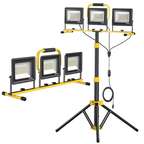 Upgraded LED Work Lights with Stand, 21000 Lumen, 3-Head Adjustable Work Light, Waterproof Foldable Tripod, Extended Cord for Outdoor & Indoor Job Sites, Workshops, Construction, Garage Lighting - style: 3 head black