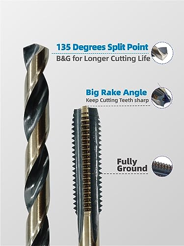 HIGHFIRE 18pcs SAE Drill and Tap Set with 1 Piece T-Handle Ratchet Tap Wrench Capacity Range #0-1/4", Black and Gold Premium HSS Jobber Length Drill Bits and Hand Plug Taps with Metal Indexed Box - size: 18 SAE set