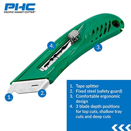 Pacific Handy Cutter S4R Safety Cutter, Retractable Utility Knife with an Ergonomical Design, Bladeless Tape Splitter, Steel Guard for Safety and Damage Protection, for Warehouse and In-Store Cutting , Green - style: S4R Safety Cutter