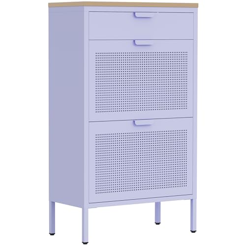 3-Tier Shoe Cabinet with Wood Top and Metal Frame, with Legs, Multi-Functional Metal and Wood Cabinet, Multi-Level Space, Easy Assembly for Home, Entryway, Hallway Purple - color: Lilac, style: Cabinet-40"H-YD