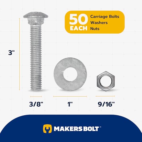 3/8" x 3" (50 Pack) Galvanized Carriage Bolt Kit, Grade 307A, Hot Dip Galvanized for Exterior Use by Makers Bolt - size: 3/8 x 3