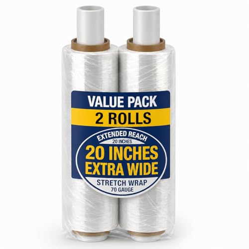 BOX USA Stretch Wrap Extra Wide Stretch Film Roll - 20 in Wide & 1000 ft long Clear Plastic Wrap with Handles for Pallet Wrapping Shipping Moving (Pack of 2) - size: 20" X 1000' (2 Rolls)