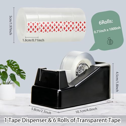 Tape Dispenser Desk,Desktop Tape Dispenser, Tape Dispenser with Weighted Non-Skid Base, Includes 6 Rolls Transparent Tape (0.71" x 1000"),Heavy Duty Tape Holder for Office, Home, School(Black) - color: Black