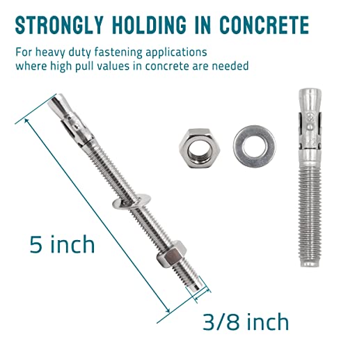 3/8 Concrete Anchors, Stainless Steel Wedge Anchors, 5 Pack - size: 3/8" x 5"