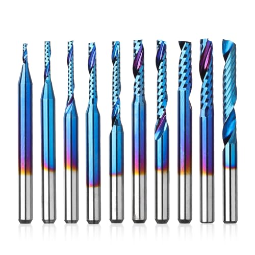 Genmitsu 1/8 Inch Shank 10pcs Carbide Spiral O Flute (Single Flute) End Mill CNC Router Bits, Solid Nano Blue Coat, for Woodworking Cutting Carving Wood Acrylic PVC PCB MDF, OS10A - style: O-Flute 10pcs