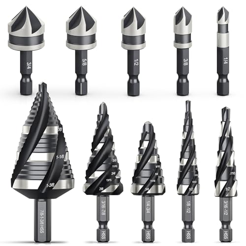 THINKWORK 10Pcs Step Drill Bit & Countersink Set, HSS Four Spiral Flute - size: 1/8"-1-3/8" (10Pcs)