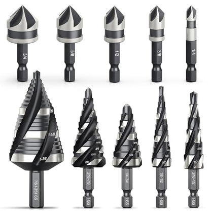 THINKWORK 10Pcs Step Drill Bit & Countersink Set, HSS Four Spiral Flute - size: 1/8"-1-3/8" (10Pcs)