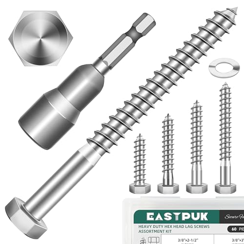 60Pcs 3/8" Hex Head Lag Screws, 304 Stainless Steel Wood Screws with Washers Kit with Socket, Bright Finish 3/8 Lag Bolts for Outdoor Woodworking - color: Silver, size: 3/8 Kit