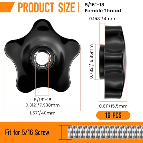 Aifeier ET 16Pcs 5/16"-18 Threaded Star Knobs | Hexagon Head Thru Clamping Nuts with Female Thread | 5 Star Shaped Hand Screw-On Knobs (ID 0.312"/7.938mm) - size: 16 pcs 5/16"-18