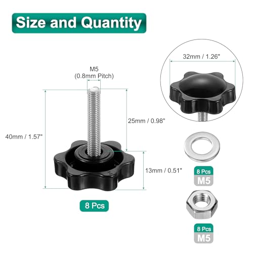 uxcell 8pcs Star Clamping Knobs with Nuts Washers, M5 x 25mm Metric 304 Stainless Steel Male Thread 32mm 6-Star Plastic Head, Threaded Stud Hand Knobs Handles Thumb Screws, Black - size: M5 x 25mm