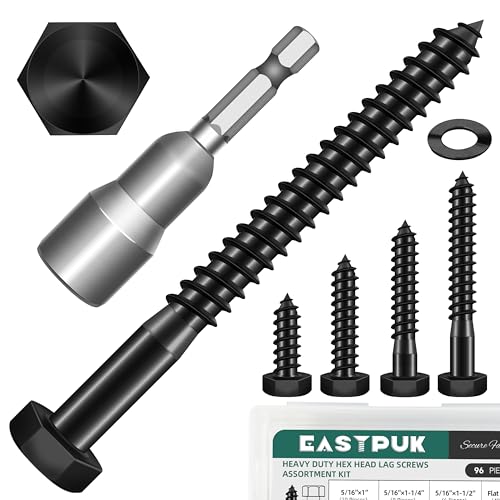 96Pcs 5/16" Hex Head Lag Screws, 304 Stainless Steel Wood Screws with Washers Kit with Socket, Black Oxided 5/16 Lag Bolts for Outdoor Woodworking - color: Black, size: 5/16 Kit