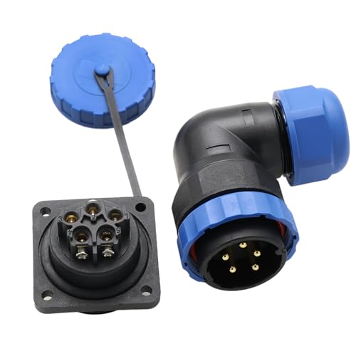 TY28 5 Pin 25A Female Male Connector, Panel Mount Socket and Angled 90°Wire Plug, Screw Connection Solder-Free Quick-Disconnect for Waterproof Outdoor Electrical Power - color: Screw Mount+ 90-degree Plug, size: 5 Pin 25A