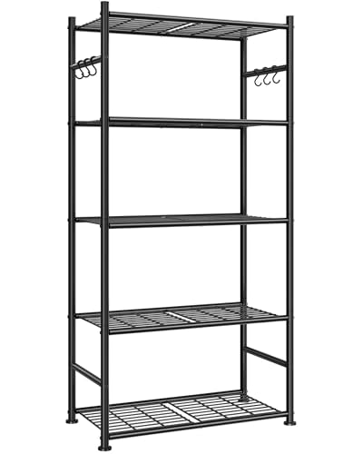 Sakugi Storage Shelves - 5-Tier Large Capacity Shelf Organizer with Hooks, Heavy-Duty Garage Shelving with Leveling Feet, Wobble-Free Rack for Bedroom, Balcony, Garage, 23.6"×13.7"×59", White - color: Black, size: 23.6W×13.7D×59.0H(5T)