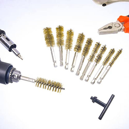 10 Pack Bore Brush for Drill, Brass Bore Brush Drill, Stainless Steel Bore Cleaning Brush Set 1/4 Inch Hex Shank for Power Drill Impact Driver