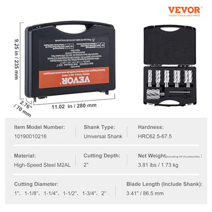 VEVOR Annular Cutter Set, 6 pcs Universal Shank Mag Drill Bits, 2" Cutting Depth, 1" to 2" Cutting Diameter, M2AL High-Speed Steel, with 2 Pilot Pins and Portable Case, for Using with Magnetic Drills - size: 1" - 2" * 2"(Universal)