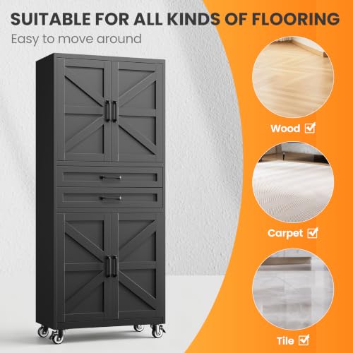 73" Tall Wheeled Garage Cabinet with 2 Drawer, Black Rolling Cabinets - color: Black, size: 73.2"H x 32"W x 16"D