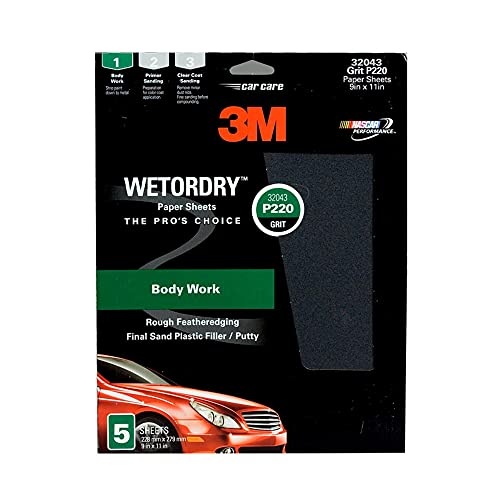 3M Wetordry™ Sandpaper, 220 Grit, 9 in x 11 in, 5 Sheets, Use for Wet and Dry Sanding, Longer Lasting Sandpaper, Great for Auto Body Repair, Smooth Finish, Waterproof Backing for Wet Sanding (32043)