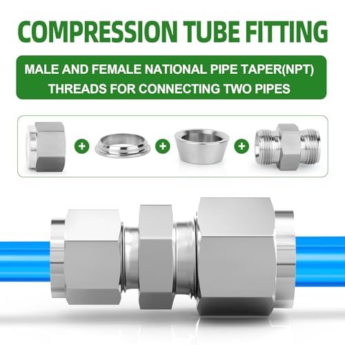 TAISHER 5PCS 304 Stainless Steel Compression Tube Pipe Fitting Connector, 3/8" Tube OD x 1/4" Tube OD - size: 3/8" OD x 1/4" OD