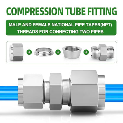 TAISHER 5PCS 304 Stainless Steel Compression Tube Pipe Fitting Connector, 3/8" Tube OD x 1/4" Tube OD - size: 3/8" OD x 1/4" OD