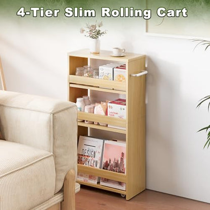 MARTY Slim Rolling Storage Cart, Wood Utility Kitchen Bathroom Laundry Cart - color: Maple, size: 7.9"D x 15.75"W x 31.5"H