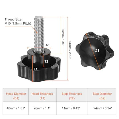 HARFINGTON 2pcs Star Knobs M10 x 35mm 304 Stainless Steel Threaded Stud 46mm Plastic 6-Star Head Hand Tightening Thumb Screw Clamping Jig Knob Handle, Black - size: M10 x 35mm x 46mm