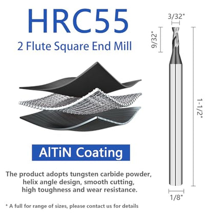 3/32" Tungsten Carbide Square End Mill 2 Flute Micro Grain Milling Bits Set,AlTiN Coating,for Milling Alloy Steels,Cast Iron,Carbon Steel(5PCS) - size: 3/32 in