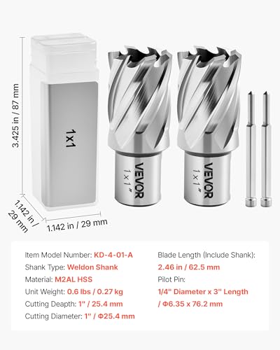 VEVOR Annular Cutter Set, 4 pcs Weldon Shank Mag Drill Bits Kit, 1" Cutting Depth, 1" Cutting Diameter, HSS, 2 Drill Bits with 2 Pilot Pins and Plastic Cases, for Magnetic Drills, Steel, Aluminum - size: 1" * 1"