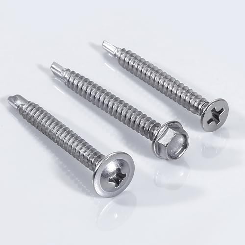 440 Pcs 410 Stainless Steel Sheet Metal Self-Tapping Screws Combination Set with Flat Head, Large Flat Head and Hexagon Head Screws 8# Length 1/2” to 2”（Silver）