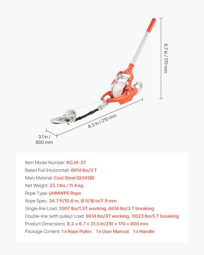 VEVOR Rope Puller, 6614 lbs Pulling Capacity, Heavy Duty Ratchet Power Puller Tool with 35 ft of 0.3 in Diameter Rope & 2 Hooks, Come Along Winch for Tree Felling, Moving Boats, Road Recovery - size: 3 Ton