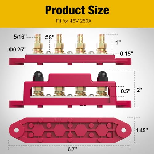 Bus Bar 4 x 5/16" Power Distribution Block 48V 250A 6 x #8 Screws Marine Bus Bar for Automotive RV, Solar Wiring and Boat(Black+Red) - size: 4 x 5/16"