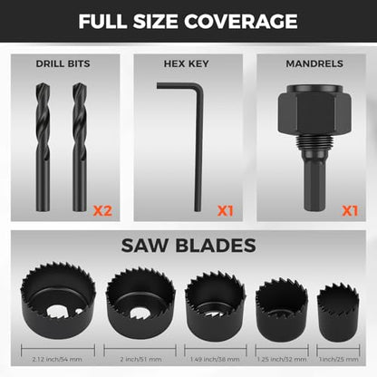 HORUSDY 8PCS Hole Saw Kit, 1"–2-1/8" (25–54mm), with 2 Pcs Drill Bits, Mandrel & Hex Key, Smooth Cut, DIY-Friendly Set for Soft Wood, Plywood, PVC - style: 8-Piece Starter Kit (Up to 2-1/8")