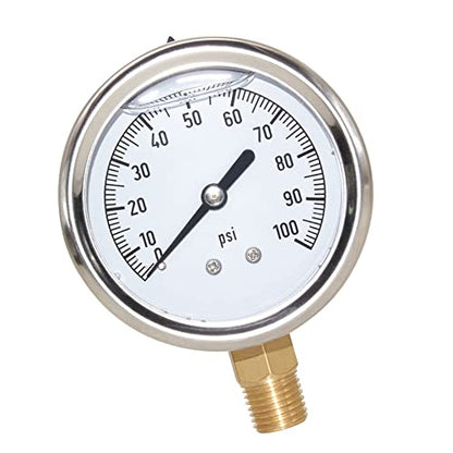2-1/2" Dial 1/4" NPT 0~100Psi 304 Stainless Steel Glycerin Filled Pressure Gauge Bottom Mount - size: 0-100Psi (liquid filled), style: Lower Mount-1/4"NPT
