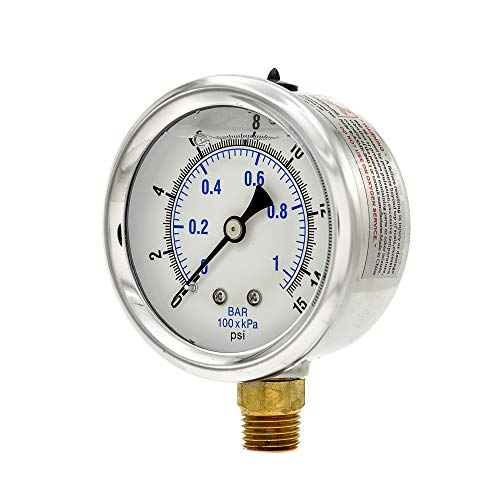 PIC Gauges PRO-201L-254B Bottom Mount Glycerin Filled Dual Scale Pressure Gauge w/ SS Case/Bezel, Brass Internals, Plastic Lens, 2.5" Dial, 0-15 psi Range, 1/4" Male NPT - style: 0-15 PSI