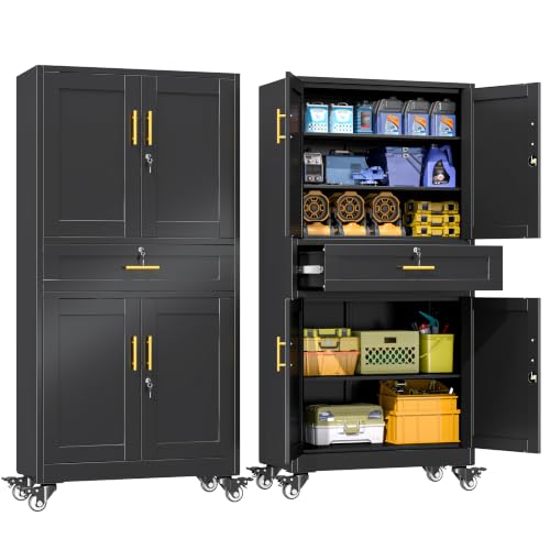 erosoei 75" H Metal Garage Storage Cabinet, Rolling Tool Cabinet with 2 Doors and Wheels, Locker Steel Cabinet with 4 Adjustable Shelves and Drawer, Organization Cabinet for Garage,Office,Gym - color: Black, size: 75"-Drw